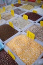 Various grains, including corn grits, are available for sale. Royalty Free Stock Photo