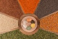 Various grains and their flour in a colorful arrangement