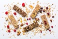 Various granola bars on table background. Cereal granola bars. Superfood breakfast bars with oats, nuts and berries Royalty Free Stock Photo
