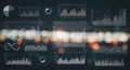Various graphs and charts display complex data visualizations on a dark background. Royalty Free Stock Photo