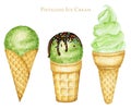 Various green pistachio ice-cream scoops decorated with chocolate in waffle cone set. Watercolor illustration isolated Royalty Free Stock Photo