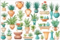 Various green plant potted materials in watercolor cartoon style