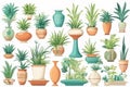 Various green plant potted materials in watercolor cartoon style