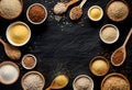 Various groats, cereals. Different types of groats in bowls and on a spoons on a black background, top view.