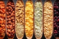 Various groats legumes, grains. Many types of cereals collected together. Agriculture and healthy eating concept. Close-up.