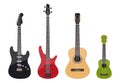 Various guitars set, electric guitar, bas-guitar, acoustic guitar and ukulele, vector isolated on white