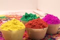 Various gulal (abir) used in holi celebration in India Royalty Free Stock Photo