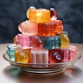 Various gummy candies are placed on a plate.