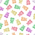 Various Gummy and Jelly Bears in pastel colors seamless pattern. Fruit and delicious sweets and candies. Cartoon style