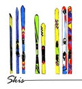 Various hand drawn colorful skis