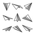 Various hand drawn paper planes. Black doodle airplanes. Aircraft icon, simple monochrome plane silhouettes. Outline