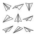 Various hand drawn paper planes. Black doodle airplanes. Aircraft icon, simple monochrome plane silhouettes. Outline Royalty Free Stock Photo