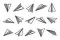 Various hand drawn paper planes. Black doodle airplanes. Aircraft icon, simple monochrome plane silhouettes. Outline
