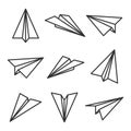 Various hand drawn paper planes. Black doodle airplanes. Aircraft icon, simple monochrome plane silhouettes. Outline Royalty Free Stock Photo