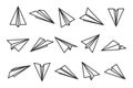 Various hand drawn paper planes. Black doodle airplanes. Aircraft icon, simple monochrome plane silhouettes. Outline Royalty Free Stock Photo