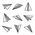 Various hand drawn paper planes. Black doodle airplanes. Aircraft icon, simple monochrome plane silhouettes. Outline