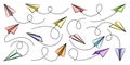 Various hand drawn paper planes. Colorful doodle airplanes with dotted route line. Aircraft icon, simple plane