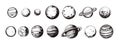 Various hand drawn planets. Isolated planet sketch, abstract spheres in space. Ink grunge decorative universe vector Royalty Free Stock Photo