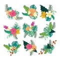 Various Hand Drawn Tropical Flower Foliage Composite Design Collection Set