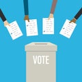 Various hand holds ballot papers. Vote concept banner. Ballot box. Referendum or election campaign background