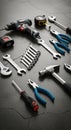 Various hand tools on a dark, textured surface include a cordless drill, pliers, Royalty Free Stock Photo