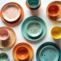 Various handcrafted ceramic plates, bowls are arranged on white surface. Dishes have different colors, patterns. Decorative Royalty Free Stock Photo