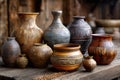 Various handcrafted ceramic pots displayed on wooden table at artisan workshop Royalty Free Stock Photo