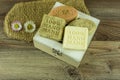 Various handmade soaps with many accessories