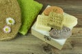 Various handmade soaps with many accessories