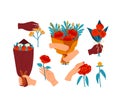 Various hands holding different bouquets of flowers, single flowers with leaves. Floral gifts and gestures of affection