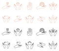 Various hands holding different things line icons vector illustration in black and white and skin color