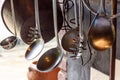 Various hanging and organized kitchen utensils