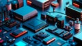 Various hardware components related to networking: routers, switches, firewalls, servers, and end-user devices, arranged on a