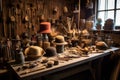 various hat-making tools displayed on a workbench