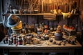 various hat-making tools displayed on a workbench