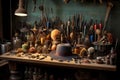 various hat-making tools displayed on a workbench