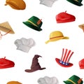 Various hats seamless pattern. Yellow sun protection with red stripes and wide brims american top hats with red stripes.