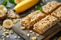 Various healthy diet granola bars with banana and nuts