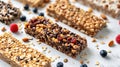 Various healthy diet granola bars with banana and nuts