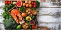 Various healthy foods arranged neatly in a rustic wooden structure, parkinson nutrition and diet picture Royalty Free Stock Photo