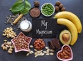 Various healthy foods rich in magnesium with the symbol Mg and the inscription Magnesium Royalty Free Stock Photo