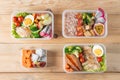 Various of Healthy lunch boxes in plastic package, clean food, top view. Diet food concept Royalty Free Stock Photo