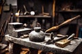 Various heavy tools and objects that lie on anvil in old forge.