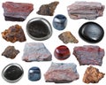 Various hematite gem stones and rocks isolated
