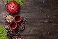 Various herbal tea, teapot and cup