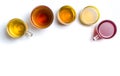 Various herbal tea in glass cups on white Royalty Free Stock Photo