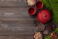 Various herbal tea, teapot and cup