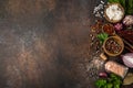 various herbs and spices on dark background. Royalty Free Stock Photo