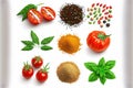 Various herbs and spices, including tomatoes, are isolated on a white background Royalty Free Stock Photo