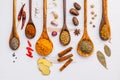 Various herbs and spices in wooden spoons. Flat lay of spices in